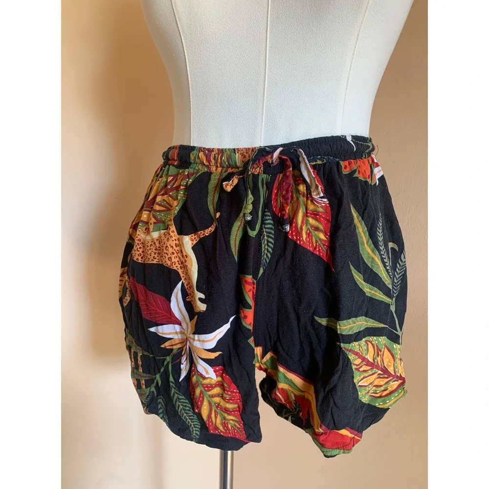 Tropical Leopard Print Shorts Black Elastic Waist Beachwear Summer